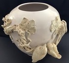 Vtg Thai Ceramic Vase Vessel With Birds Snake Grape Vines Sculptured Encrusted