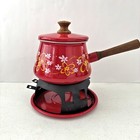 Vintage 70s Imperial Enamel Fondue Pot Red Flame Mod Flowers Retro Mcm Japan