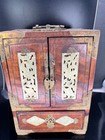 Chinese Rosewood Carved Jade Inlay Vintage 10 X 5 x7  Jewelry Box Lock 4 Drawer