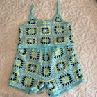 Nwt  New In Women Short Set M   L Crochet Blue Green Granny Square Lined Stretch