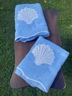 Vintage Ames Powder Blue Seashell Bathroom Towel Set 2 Bath And 3 Hand Towels