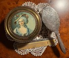Vintage Vanity Set Victorian Lady Powder Jar Mirror Hair Brush Comb Gold Tone