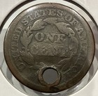 1844 Braided Hair Large Cent Copper Penny - Holed  u498 