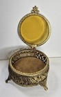 Vintage Hinged Gold Filigree Round Lined Trinket Box Ormolu Beveled Glass Lid