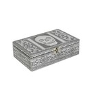 Silver Metal Skull Keepsake Memory Box Jewelry Card Storage Chest Pirate Decor