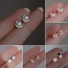 Cute 925 Silver Star Moon Cat Small Earrings Stud Rose Flower Stud Women Jewelry