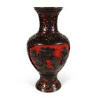 Carved Black Red Cinnabar Lacquer Blue Enamel Vase Chinese Vintage China 8  Tall