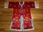 Vintage Antique Red Silk Heavily Embroidered Oriental Chinese Asian Kimono Robe 