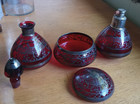 Antique 3 Pc Silver Overlay Ruby Red Glass Dresser Set Two Cologne Bottles   Jar