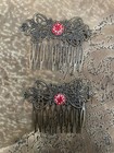  2  Red Crystal Flower Vintage Bronze Victorian Filigree Small Hair Combs
