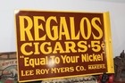Scarce 1930s Regalos Myers 5   Cigars  2-sided Painted Metal Flange Dealer Sign
