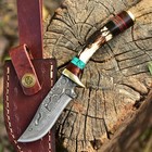Custom Made Damascus Fix Blade Hunting Skinner Knife Tactical Stag Antler Handle