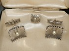 Vintage Rare New Yorker Cufflinks And Lapel Pin Set Silvertone Faux Pearl   