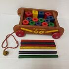 Playskool Wooden Pull Toy Wagon With Blocks Cylinders   Rods 20 Pieces Vintage