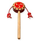 Japanese Wooden Den Den Daiko Drum Toy Tomoe Kamon Pattern Hand Instrument D19
