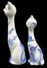 Set Of 2 Porcelain Ceramic Long Neck Cat Figurines Blue White Floral Kitten 12   