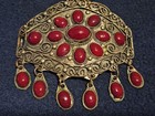 Vintage Central Asian Ethnic Hair Stick Pin Brooch Handcrafted Metal Red Glass