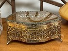 Vtg Gold Tone Ormolu Filigree Claw Foot Jewelry Trinket Box W  Beveled Glass Lid