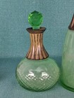 Vintage Set Of 2 Green Glass Liquor Decanters With Metal 12 5    7 5 