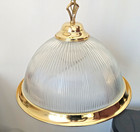 Vtg Holophane Pendant Hanging Large Clear Ribbed Lamp Light Glass Brass Chain
