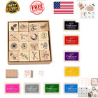 Rubber Stamp Set 24 Pcs 16 Wood Plant Stamps 8 Ink Pads Diy Card Making Gift