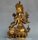 China Tibet Buddhism Old Bronze Gilt Green Tara Tibetan Buddha Guanyin Statue