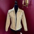 Vtg 90s Y2k Women Jacket Sz S Faux Leather Taupe Coat Lined Zip Sleeves Piping