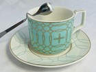 Fine China Elegant Turquoise   Gold Teacups saucers spoons Set Of 4 New With Box