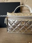 Vip Gift Small Quilted Metallic Silver Leather Vanity Top Handle Bag W Chain