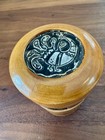 Vtg Mcm Hand Turned Wooden Cylinder Box W  Thin Metal Inlay Trinkets Matches