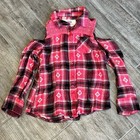 Justice 10 Girl s Red Black Plaid Button-up Open Shoulder Cowgirl Western Shirt
