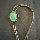 Vintage Western Bolo Tie Green Cabochon Malachite Style Stone Braided Leather