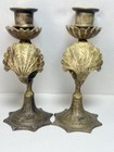 Pair  2  Matching Solid Brass Peacock Candle Holders 19th Century Antique