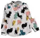 Retro Cat Print Button-up Shirt Relaxed Fit Medium Polyester