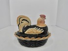 Vintage Fenton Glass Light Black Hand Painted Hen On Nest 2 Pcs Stamped Fenton