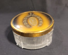 Art Deco Vanity Loose Powder Jar Vintage Glass Gold Metal Lid  3 5   