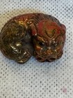 Antique Japanese Carved Shishi Dog With Baby Lacquer Wood Netsuke