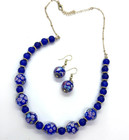 Vintage Art Glass Blue Beaded Necklace And Matching Earring Set