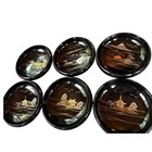 Vtg Japanese Lacquerware Salad Bowls Set  Of 6 Black Gold Landscape Mt Fuji Art