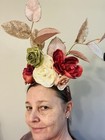Fascinator Ooak  By Claudia Disibio Red Sparkly Headband White Flower Pink Leave