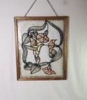 Vintage Stained Glass Window Hanging Panel Framed Flowers   Hummingbird 19 x 16 