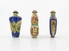 Trio Of Vintage Chinese Hand Painted Enamel Cloisonne Snuff Bottles Bats Figures