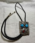 Vtg Navajo Bolo Tie Sterling Silver Turquoise Coral Leaf Southwestern Heavy 54g