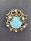 Rare Vintage 1920s Neiger Bros Robins Egg Blue Glass Rhinestone Face Brooch Read