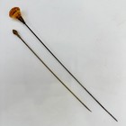 Antique Hat Pins Pair Amber Glass And Brass Finial Victorian Edwardian 6 5      8 5   