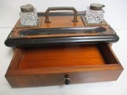 Antique 19th Century Wood Victorian Desk Writing Stand Caddy 2 Glass Ink Wells