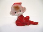 Vintage Ceramic Red Pixie Elf Figurine Sitting Down Pixie  Label  Korea