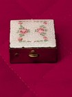 Vintage White Guilloche Enamel Pink Roses Flowers Brass Pill Trinket Ring Box