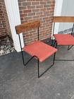Pair Mid Century Modern Z Shape Wire Dining Chairs Teak Bentwood Back Rust Seats