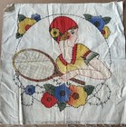 Vintage Art Deco Flapper Lady Tennis Racket Floral Embroidery Cotton Pillow